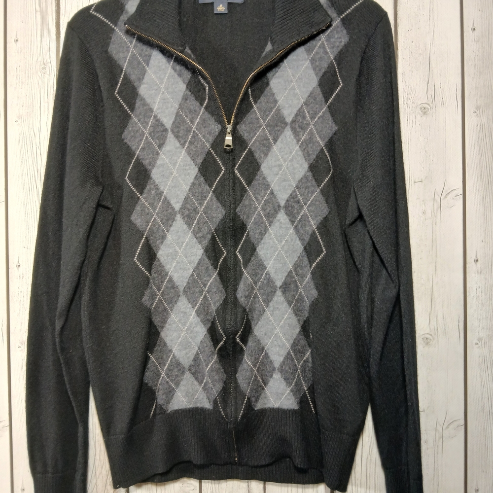 Banana Republic Men's Small Black Argyle Sweater Wool Blend Preppy Zip Academia